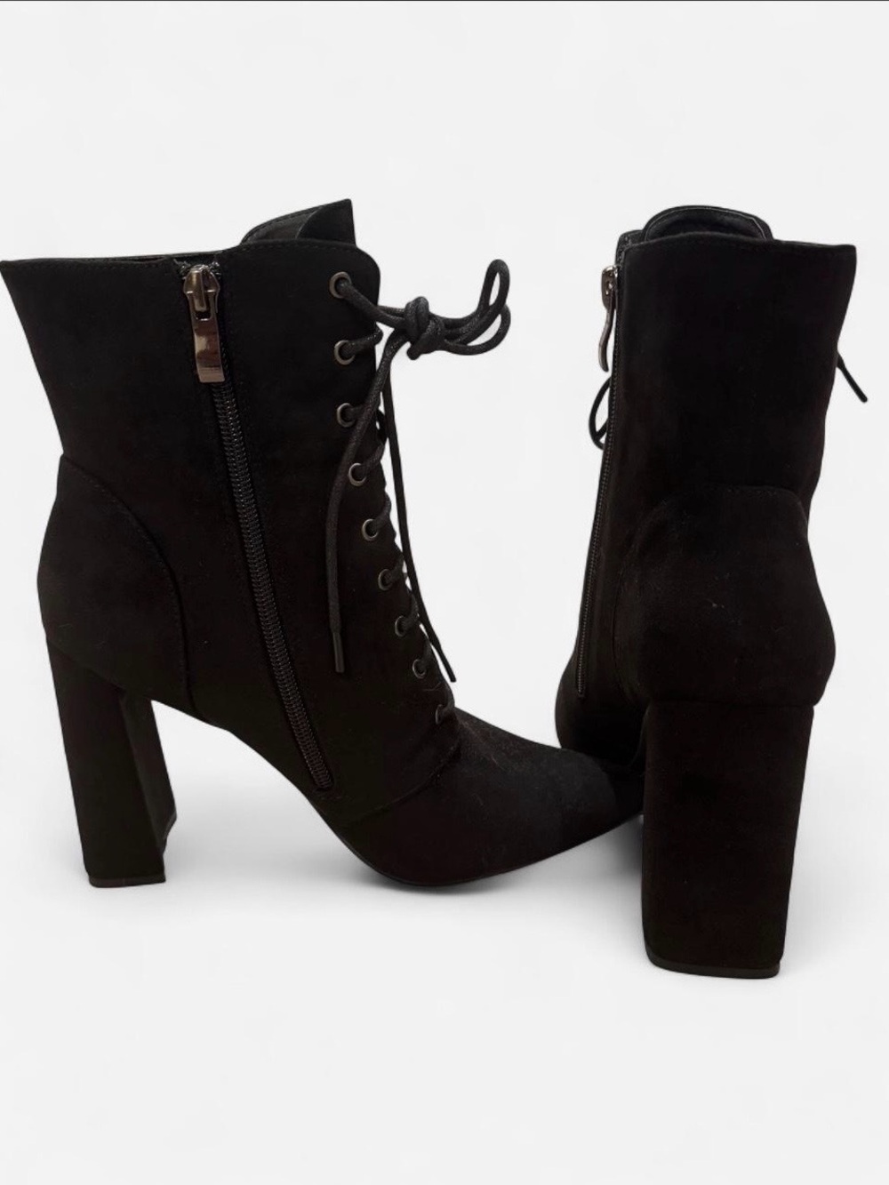 Liliana Black Lace-Up Block Heel Ankle Booties with Side Zipper